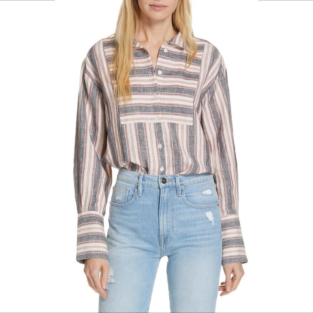 Frame Bib Linen Button Front Striped Blouse Shirt… - image 1